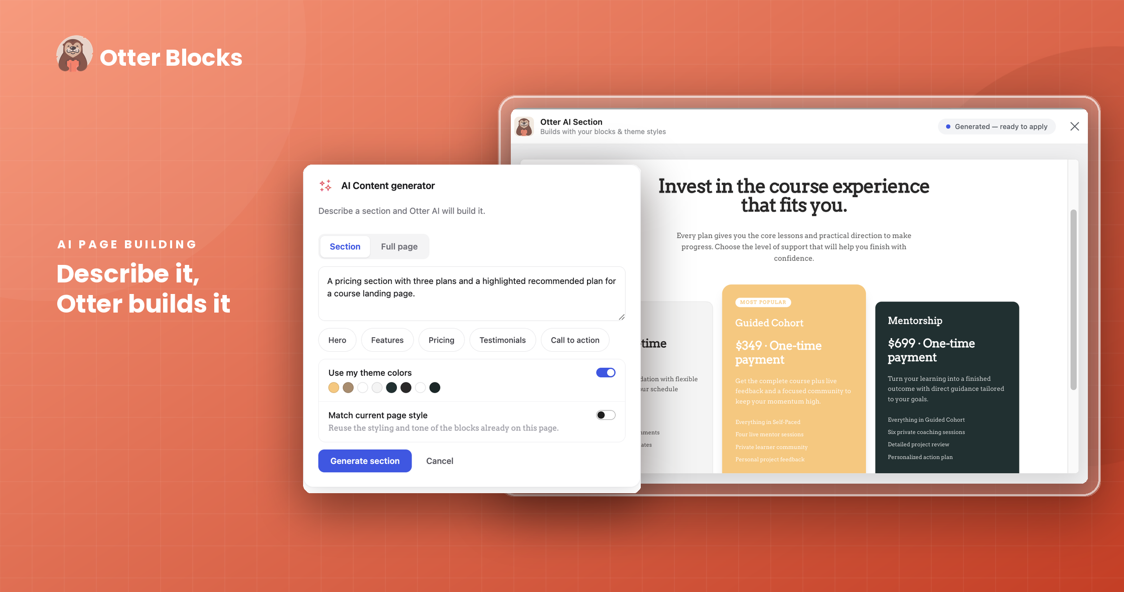 Otter Blocks AI page generator interface with a text prompt input field in the WordPress editor