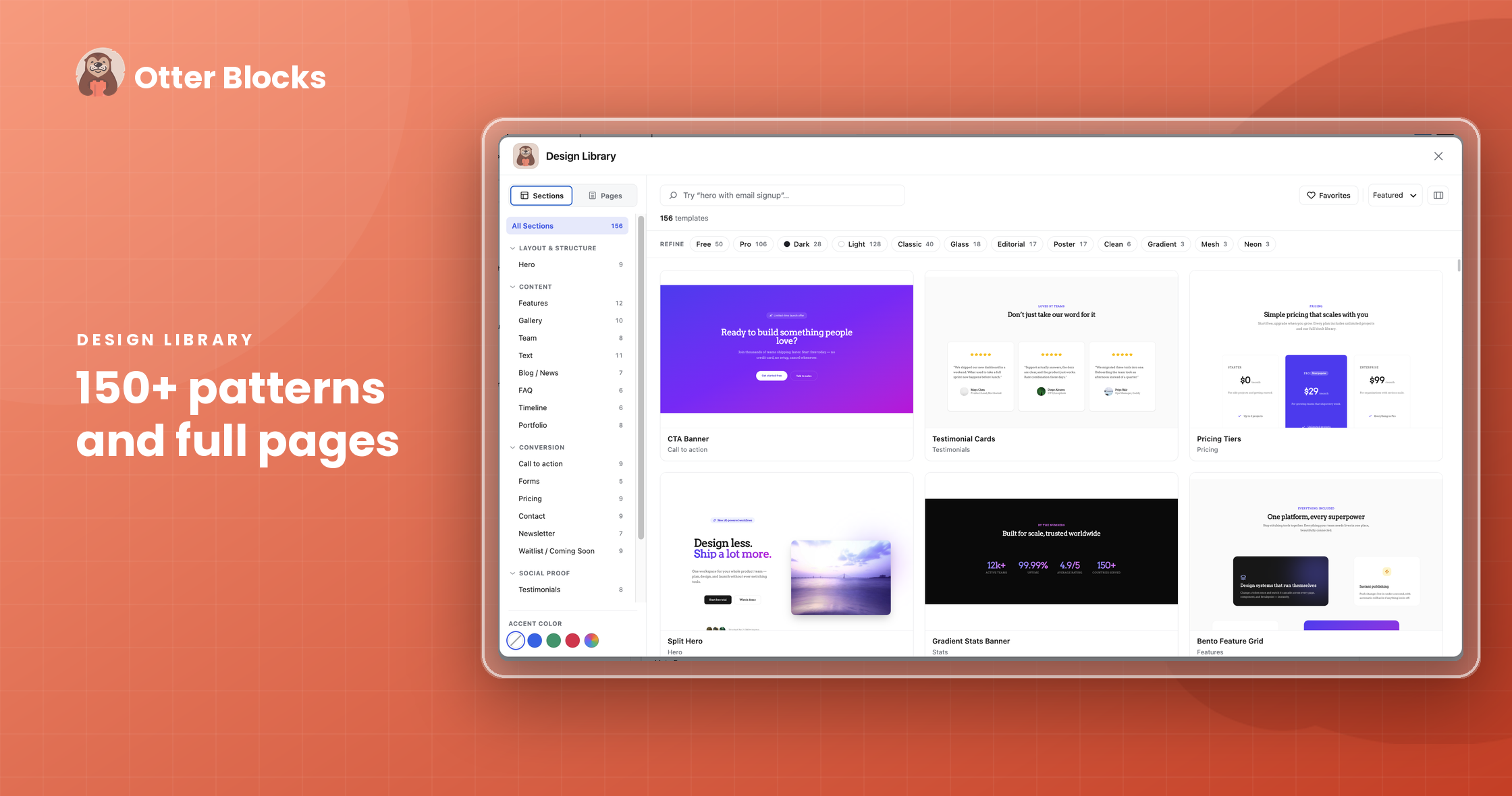 Otter Blocks patterns and full-page design library showing pre-built section templates