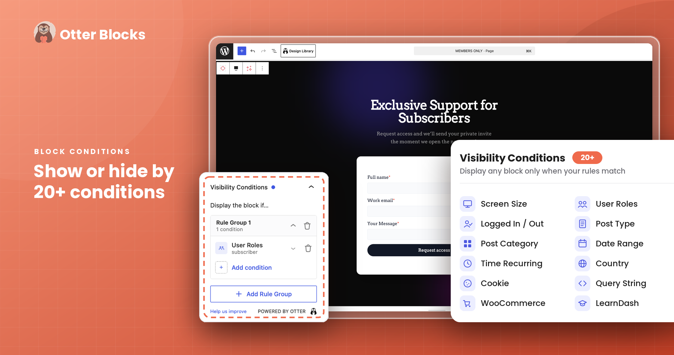 Otter Blocks visibility conditions panel showing display rule options including user role and login status