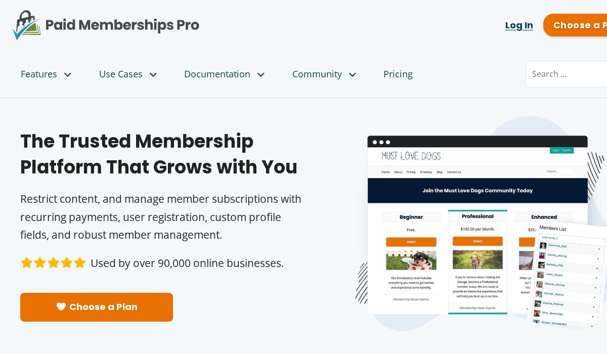 Paid Memberships Pro official website showing membership plugin features, free version details, and add-on catalog