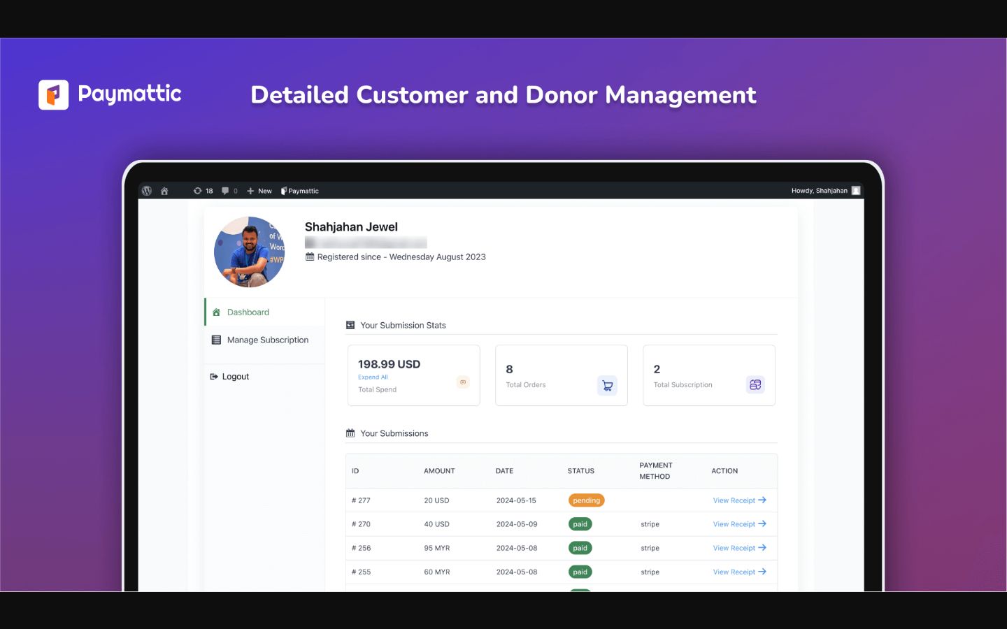 Paymattic customer and donor dashboard showing the subscriber management self-service view