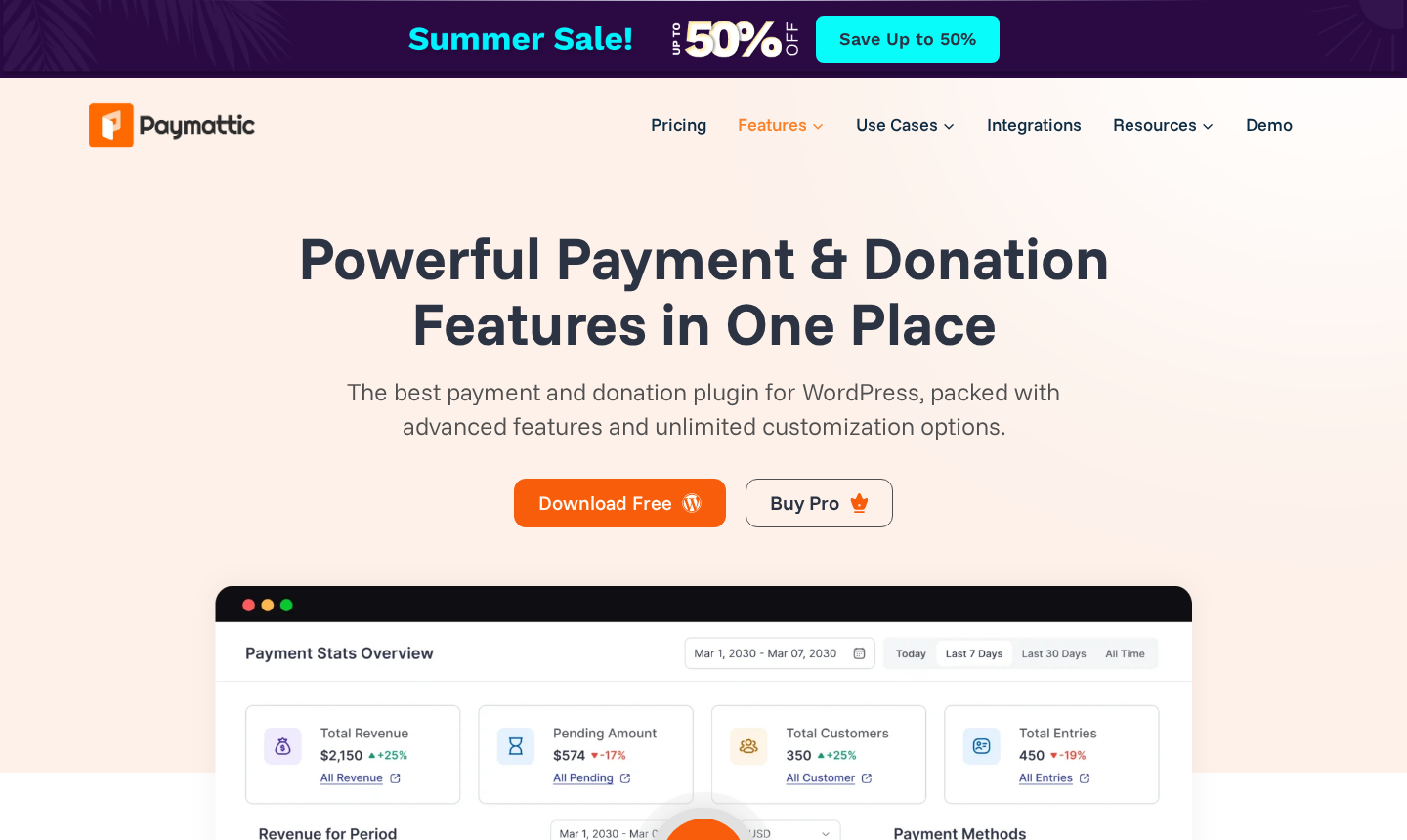 Paymattic features page showing payment and donation feature categories including one-time payments, subscriptions, and tabular products