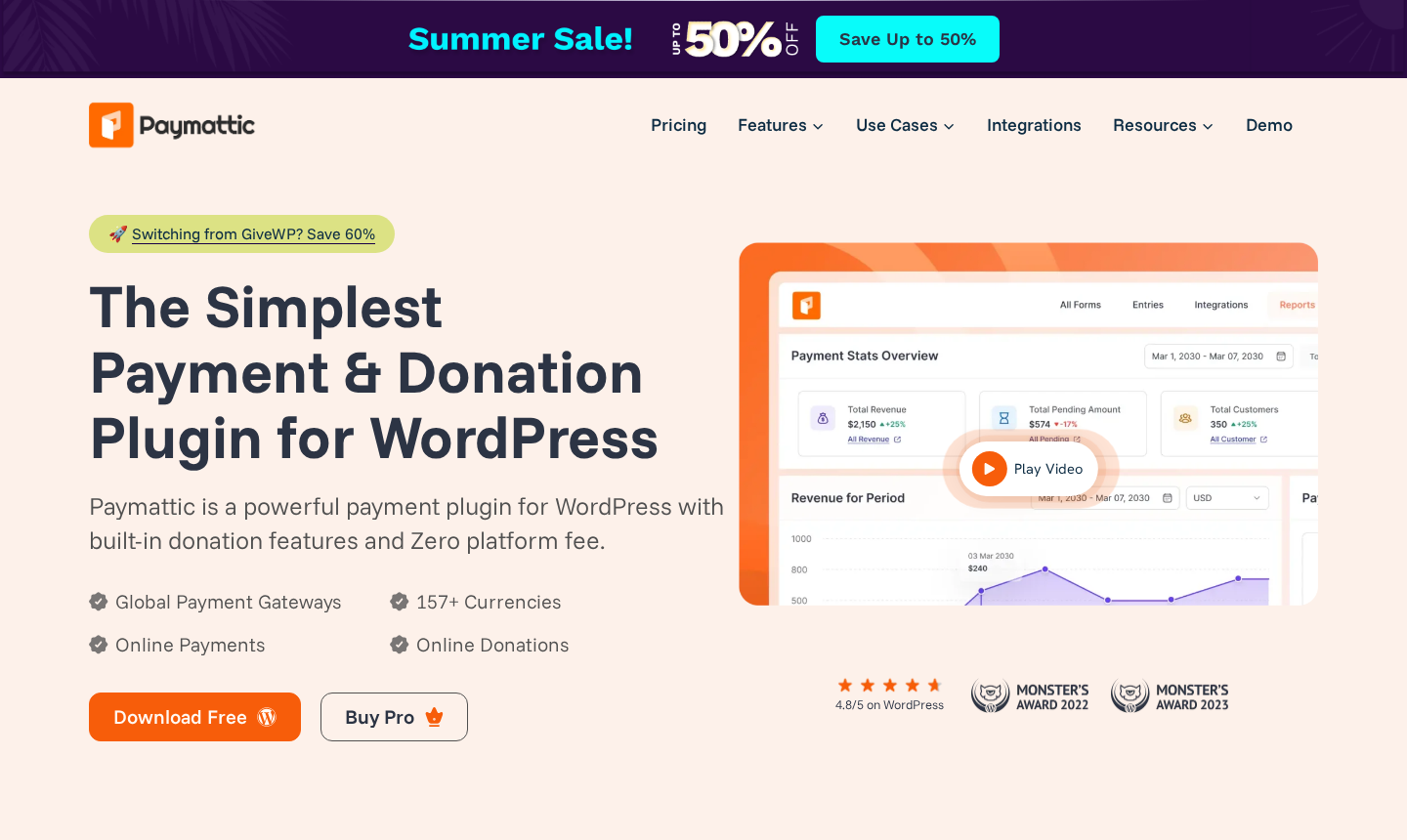 Paymattic homepage hero showing the Simplest WordPress Payment and Donation Plugin headline and free download CTA