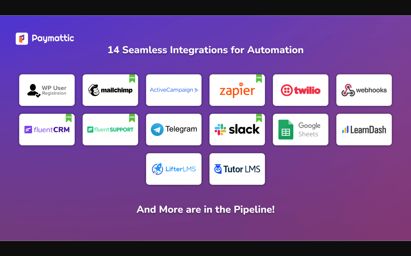 Paymattic integrations panel showing MailChimp, FluentCRM, Zapier, ActiveCampaign, TutorLMS, LearnDash, and other available integrations