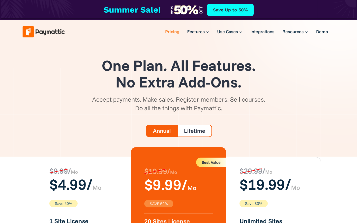 Paymattic pricing page showing Personal, Agency, and Unlimited plan cards for both annual and lifetime billing with promotional pricing
