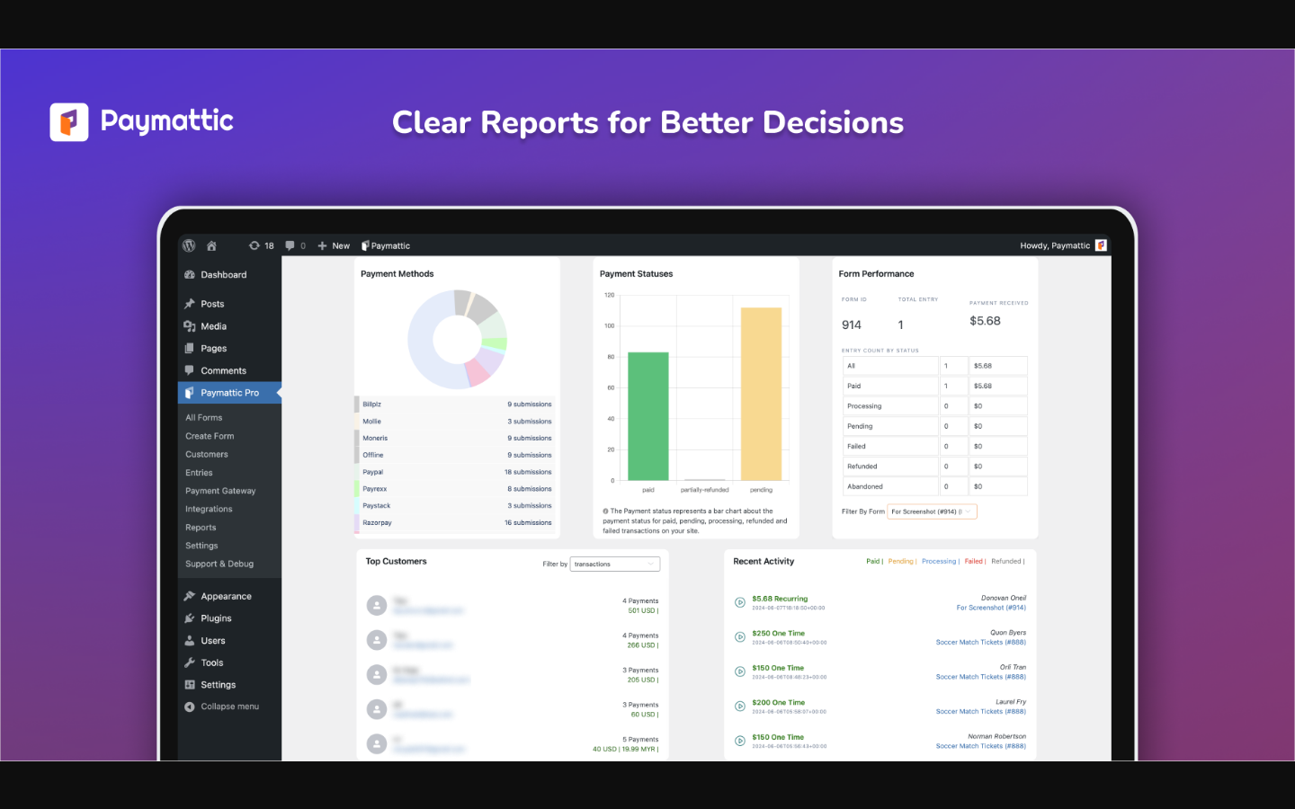 Paymattic Pro reporting dashboard showing revenue charts, payment method breakdown, top customers, and recent activity