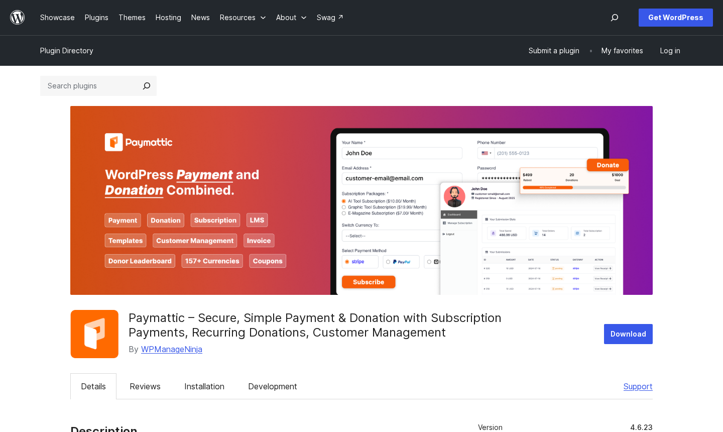 Paymattic WordPress.org plugin listing page showing version 4.6.23, 4.8-star rating, and 3,000+ active installs