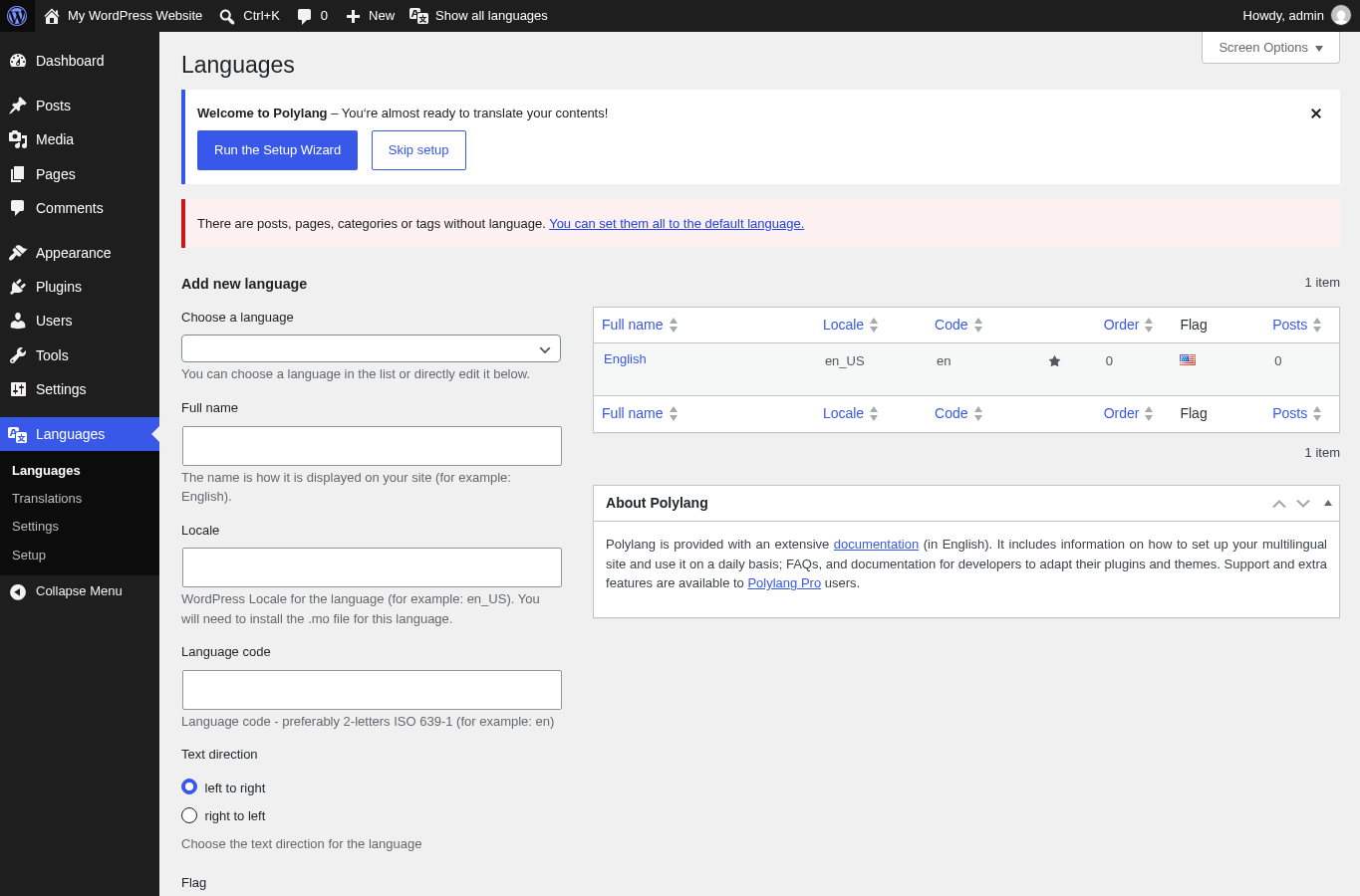 Polylang languages admin screen showing English and Spanish configured in WordPress.