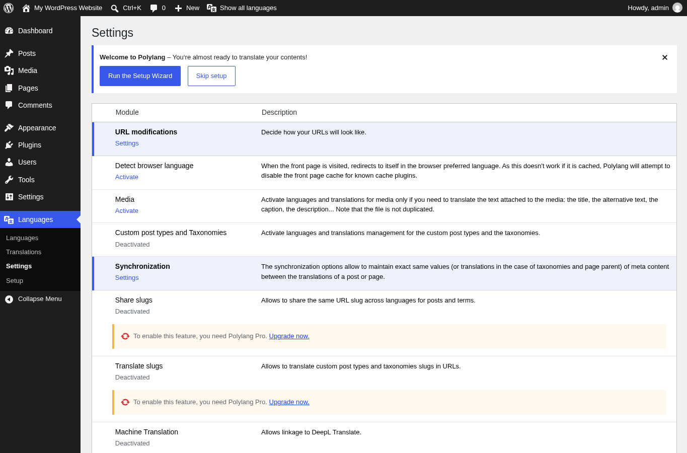 Polylang settings modules screen in the WordPress dashboard.