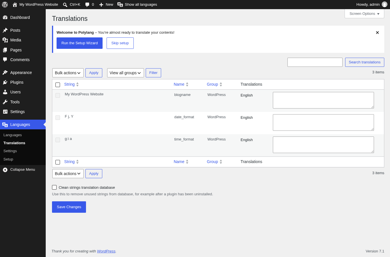 Polylang strings translations table in the WordPress admin.