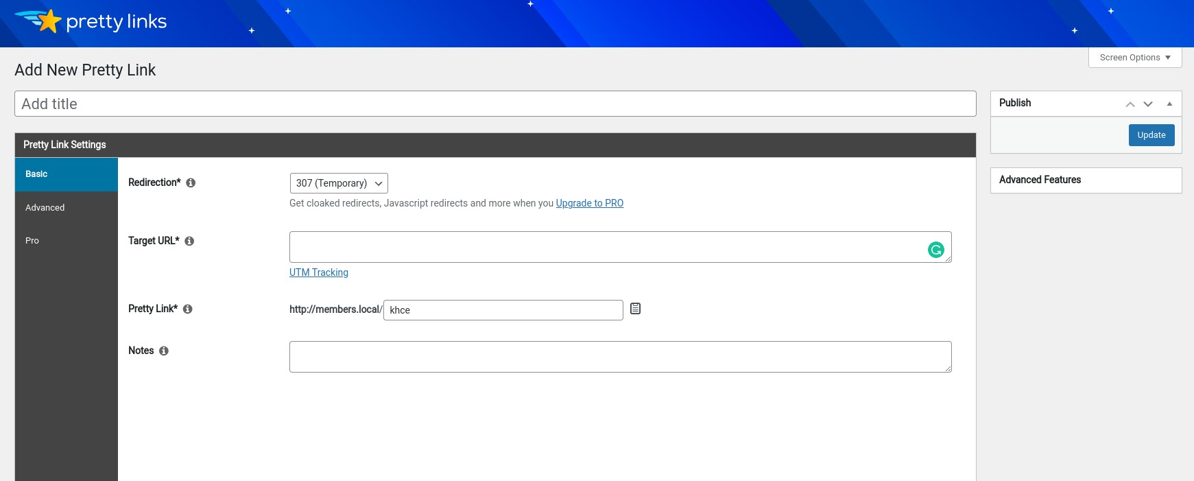 Pretty Links add new link screen with redirect type, target URL, and slug fields