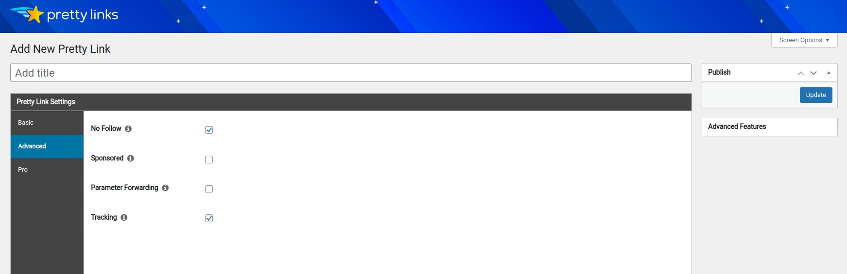Pretty Links advanced settings with nofollow, sponsored, parameter forwarding, and tracking toggles