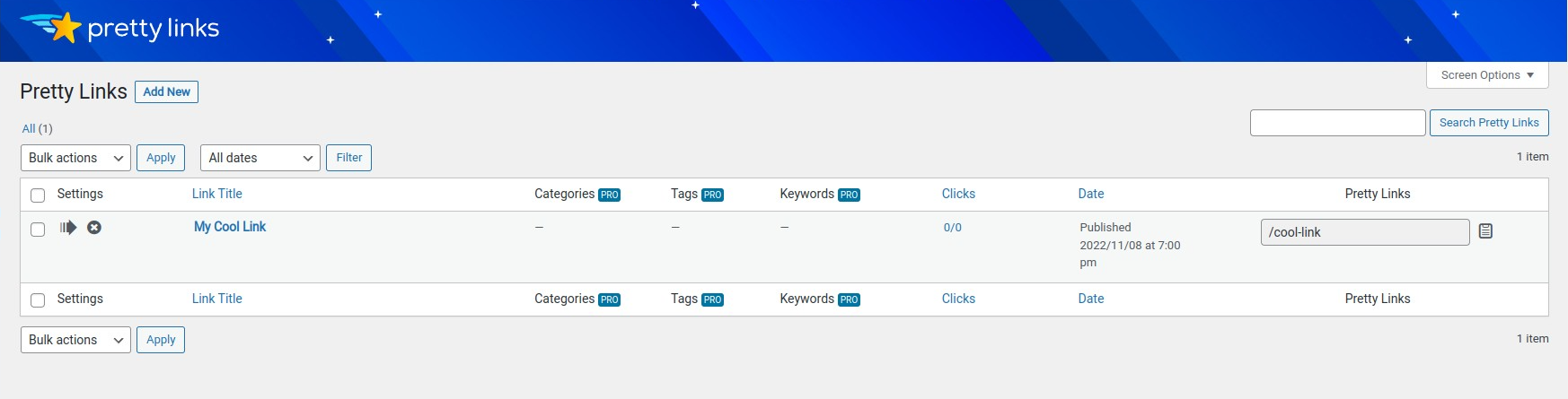 Pretty Links link list showing link title, clicks, date, and branded slug