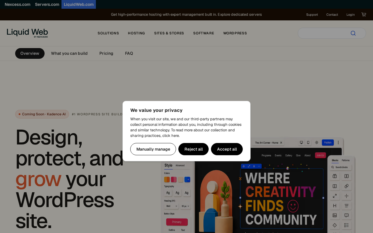 Kadence pricing page from Liquid Web showing three tiers: Essentials at $99/year (no memberships), Pro at $299/year (includes Kadence Memberships), and Elite at $499/year (agency features).