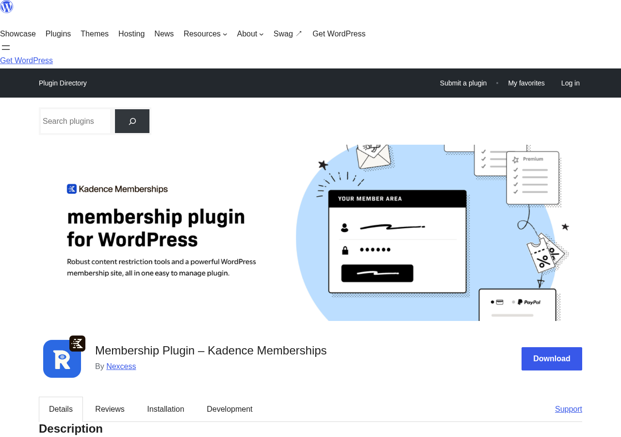 WordPress.org plugin description page for Kadence Memberships showing the core features list including unlimited membership levels, Stripe payment processing, content restriction, and shortcode-based access control.