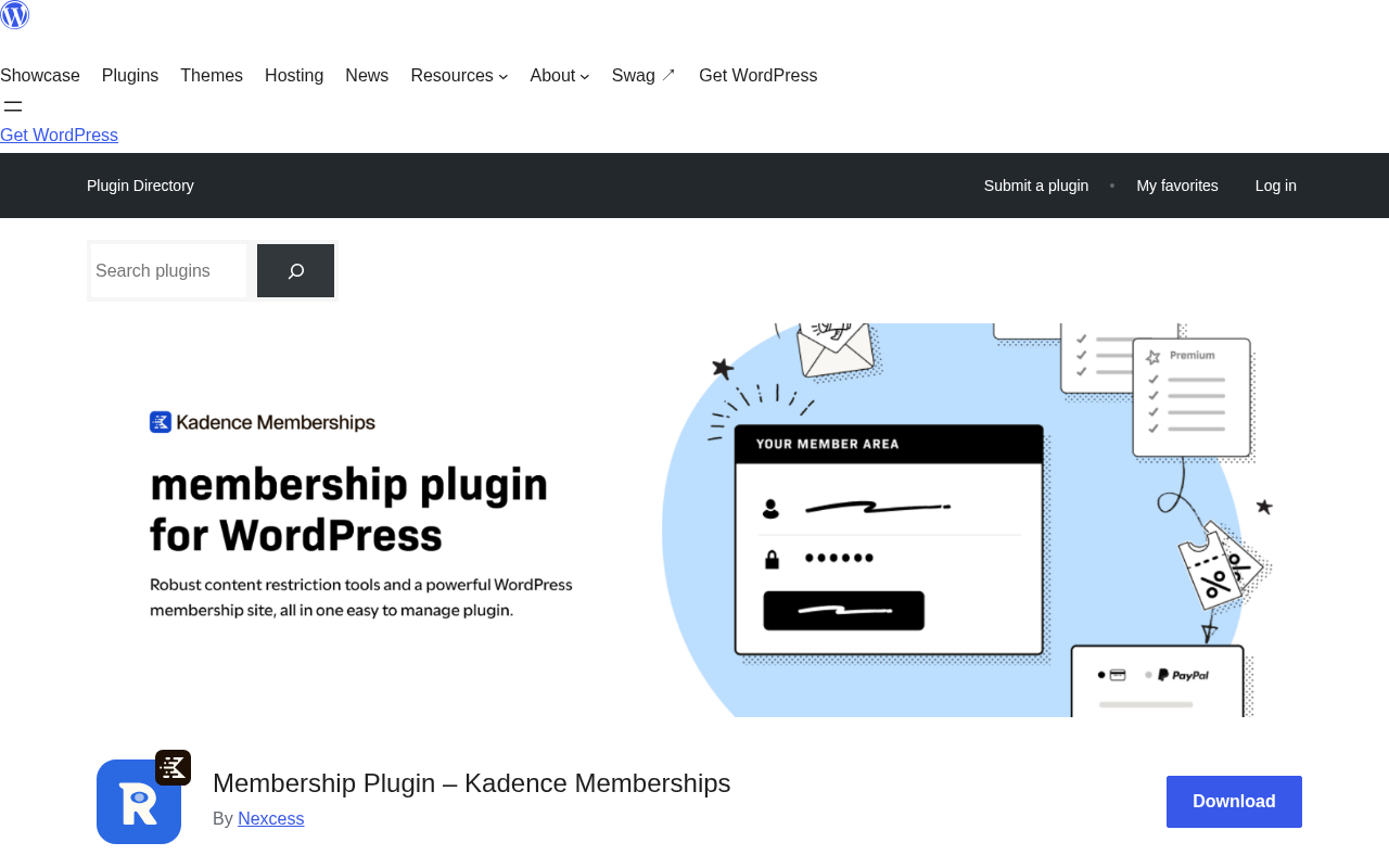 WordPress.org listing for Kadence Memberships (formerly Restrict Content Pro) showing the plugin header, 9,000+ active installs, and 3.1 out of 5 star rating.