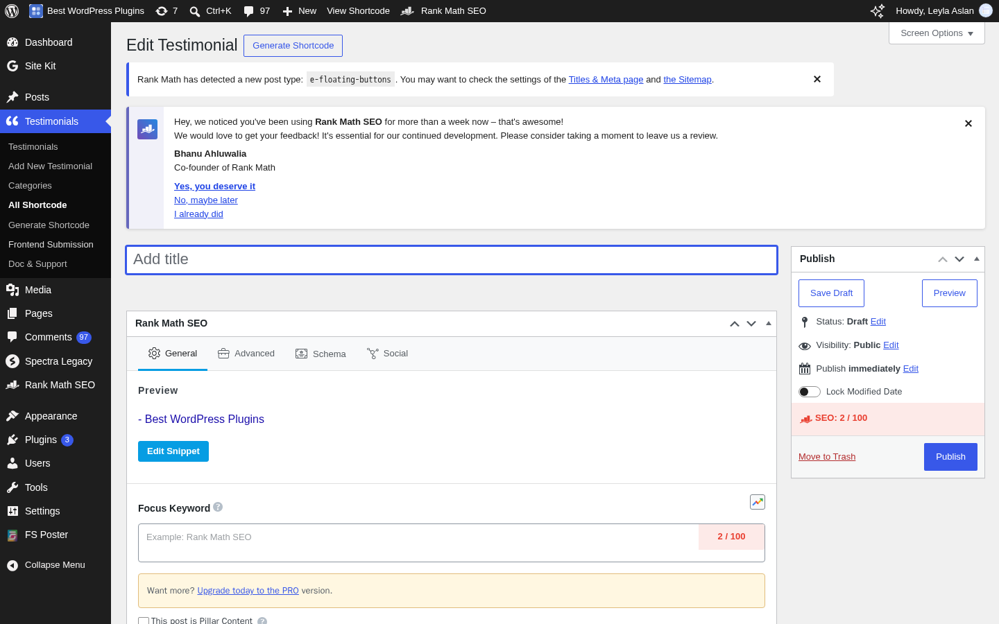 Really Simple Testimonials shortcode configuration panel showing theme and display options