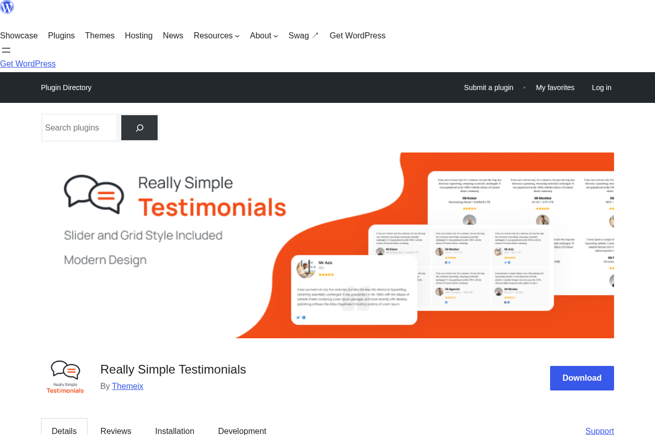 Really Simple Testimonials plugin on WordPress.org showing version 1.2.0 by Themeix