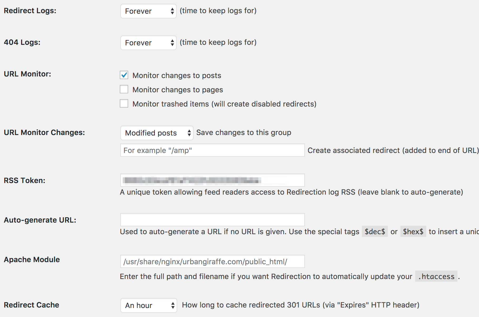 Redirection plugin 404 error log showing URLs, timestamps, visitor IP addresses, and user agent data