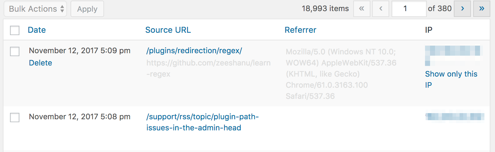Adding a new redirect in Redirection showing source URL, target URL, redirect type dropdown, and group selector
