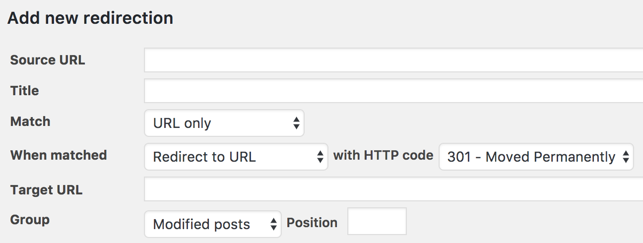 Redirection plugin main dashboard inside WordPress admin showing the redirect rules list table