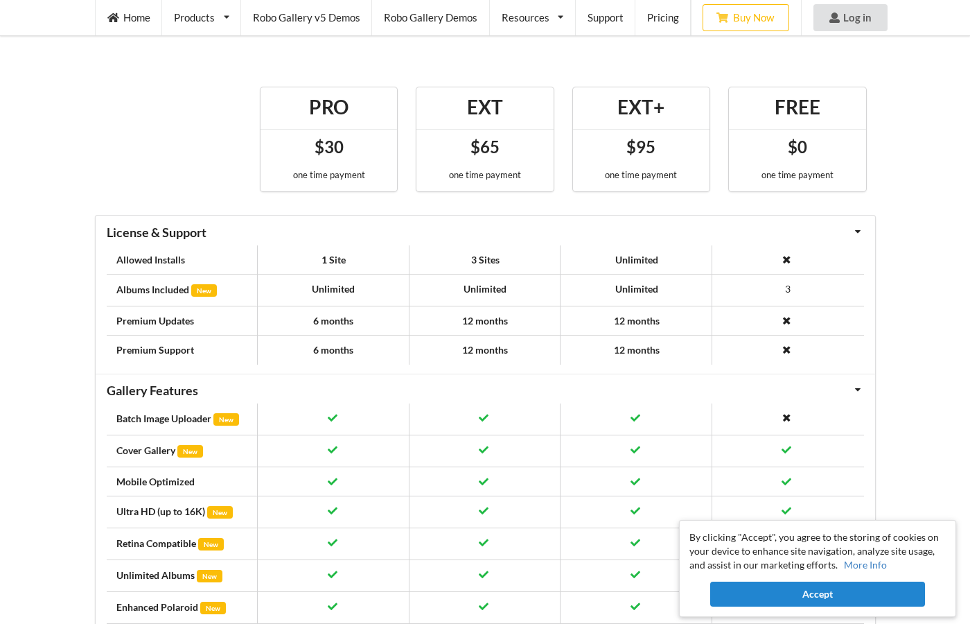 Robo Gallery Pro pricing plans - PRO, EXT, EXT+ tiers