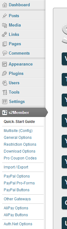 s2Member admin sidebar menu in WordPress dashboard showing top-level options including General Options, Restriction Options, PayPal Options, and Member section