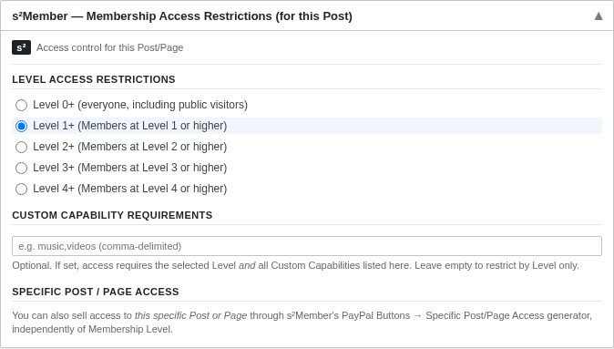 s2Member meta box in WordPress post editor showing Level Access Restrictions options with radio buttons for Level 0+ through Level 4+ and a custom capability field