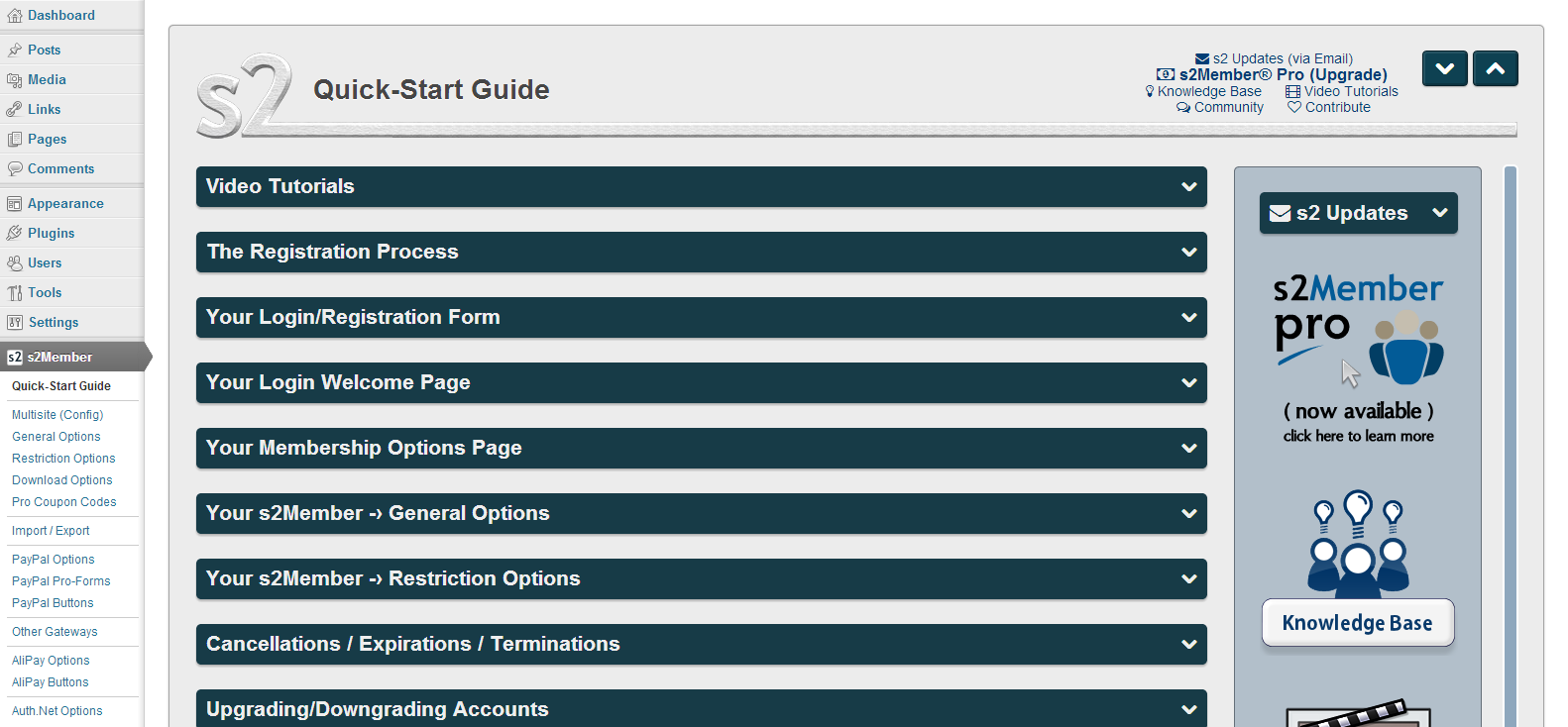 s2Member WordPress membership plugin admin showing general configuration options, membership level setup, and PayPal integration settings in the dashboard