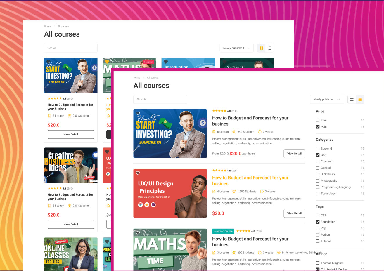LearnPress WordPress.org plugin listing showing 70,000+ active installations, 4.3-star rating from 596 reviews, and the course browsing interface with category filters and sorting options