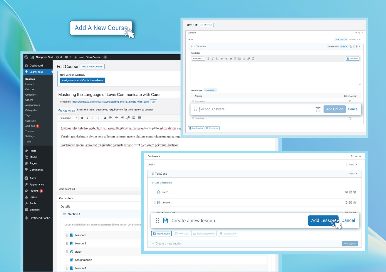 LearnPress course creation builder interface showing the drag-and-drop course structure with sections, lessons, and content organization tools