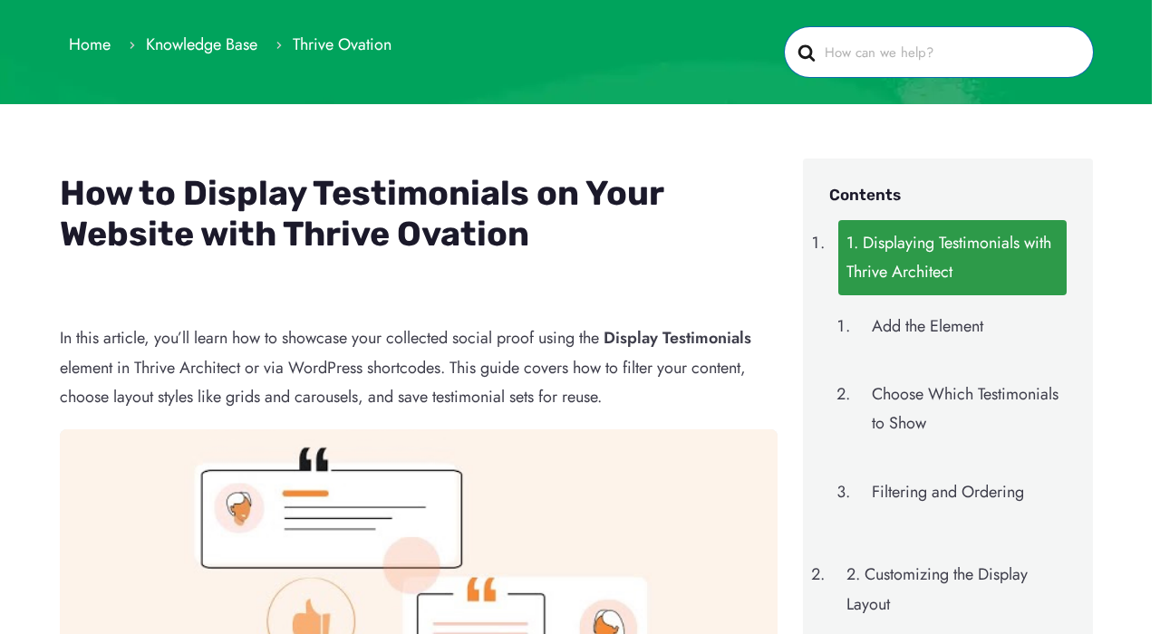 Thrive Ovation documentation page showing display testimonials layout options