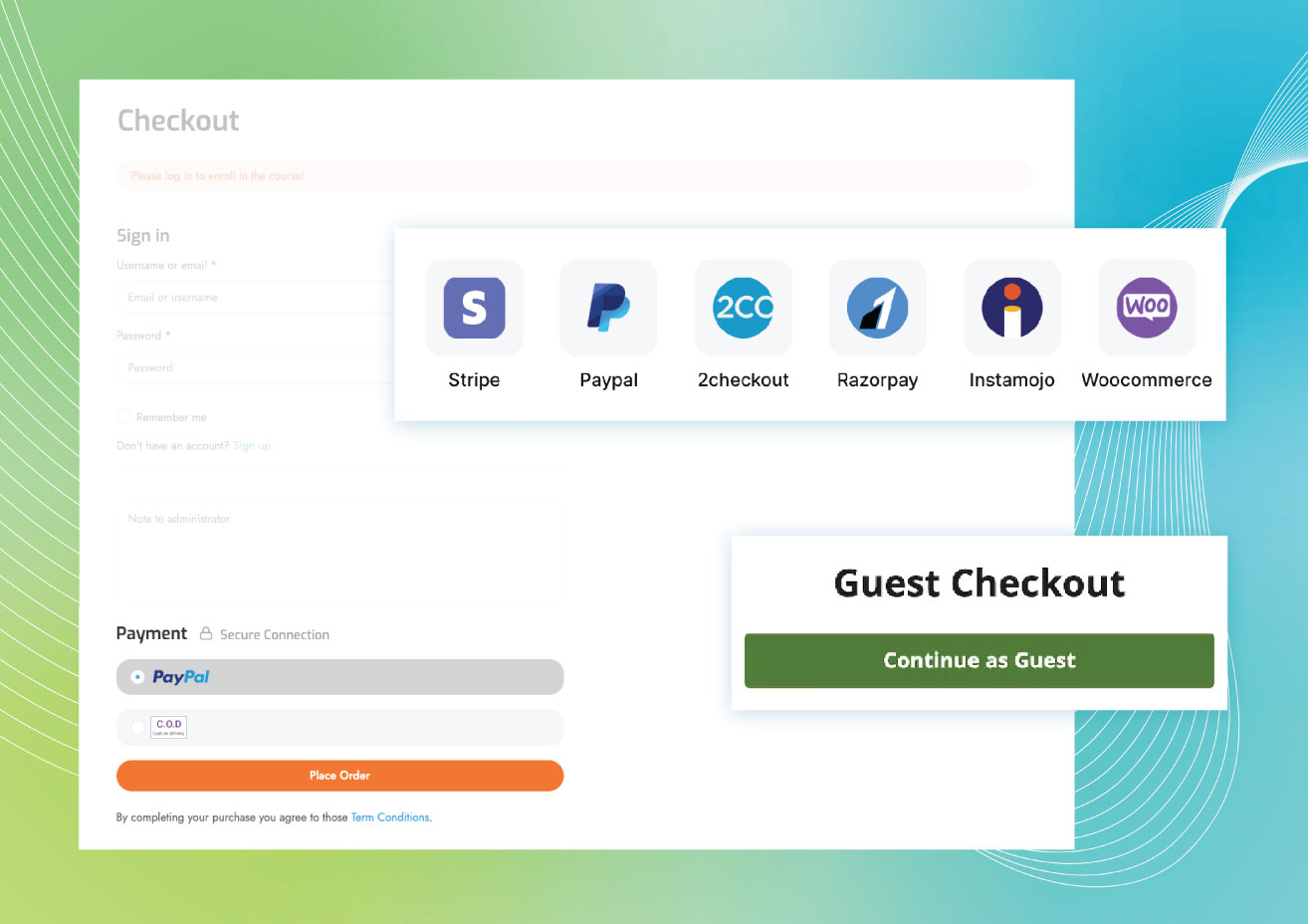LearnPress payment methods screen showing the default PayPal gateway and a list of available premium payment add-ons including Stripe, WooCommerce, Razorpay, and Klarna