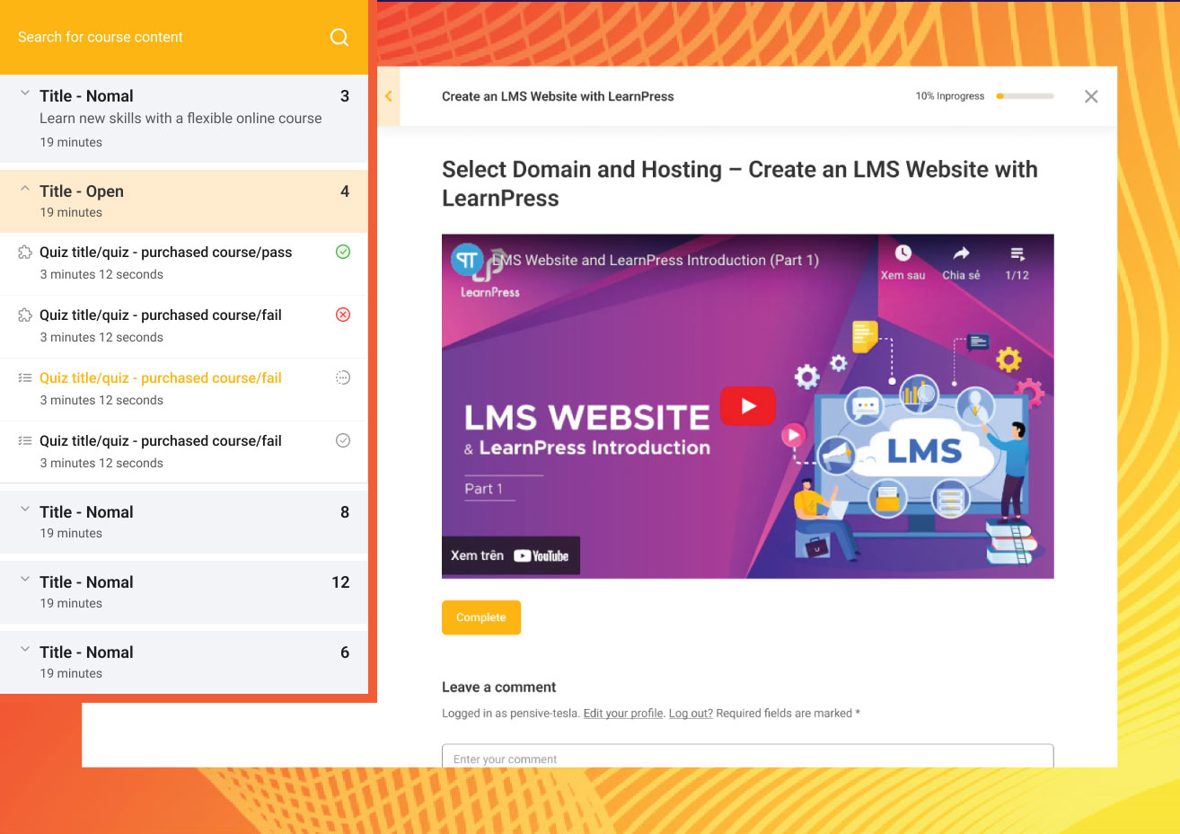 LearnPress quiz builder showing multiple question types, timed quiz settings, pass/fail thresholds, and instant feedback configuration