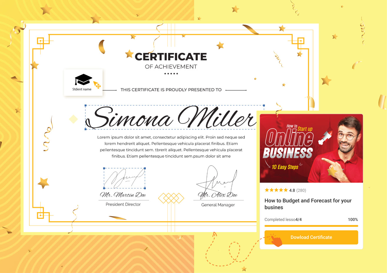 LearnPress certificate template editor showing a customizable course completion certificate with editable fields for student name, course title, date, and instructor signature