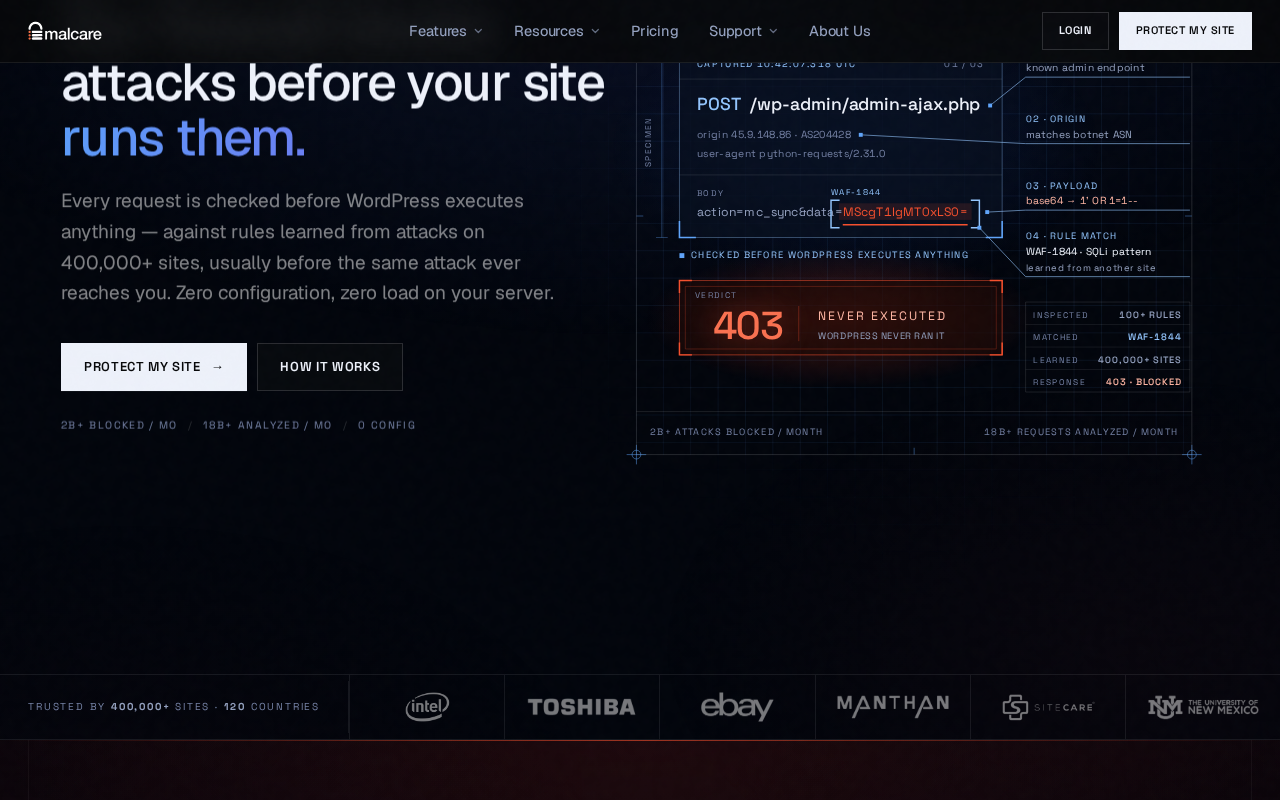 MalCare Security firewall blocking a SQL injection attack, showing the WAF rule match and 403 blocked response