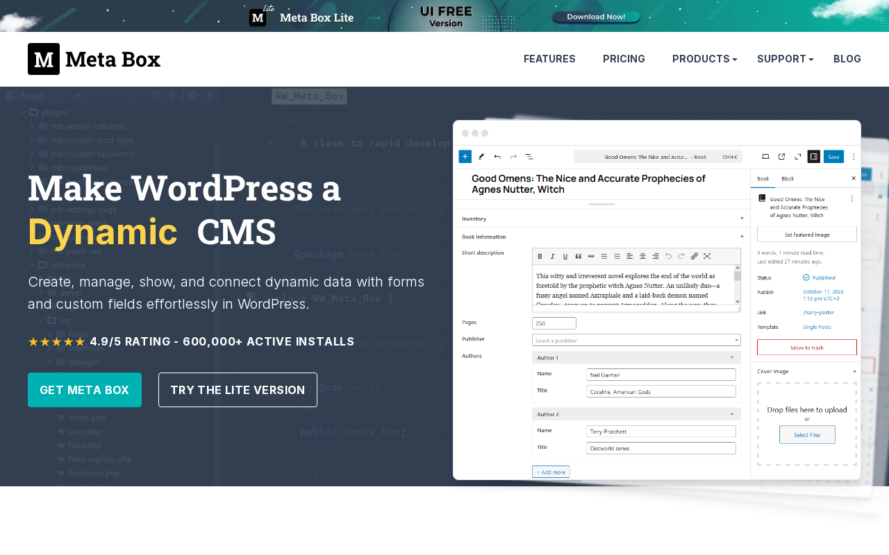 Meta Box homepage showing the WordPress custom fields plugin interface and feature overview
