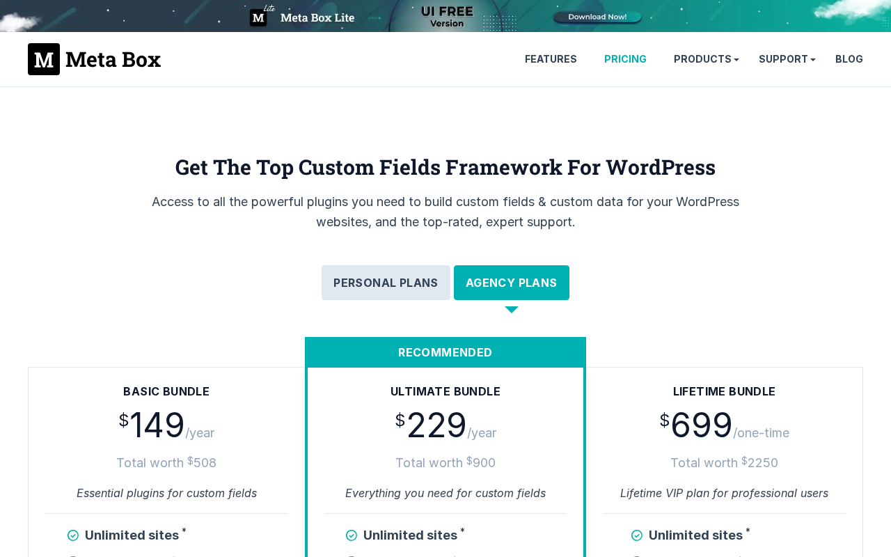 Meta Box pricing page showing Basic, Ultimate, and Lifetime bundle options