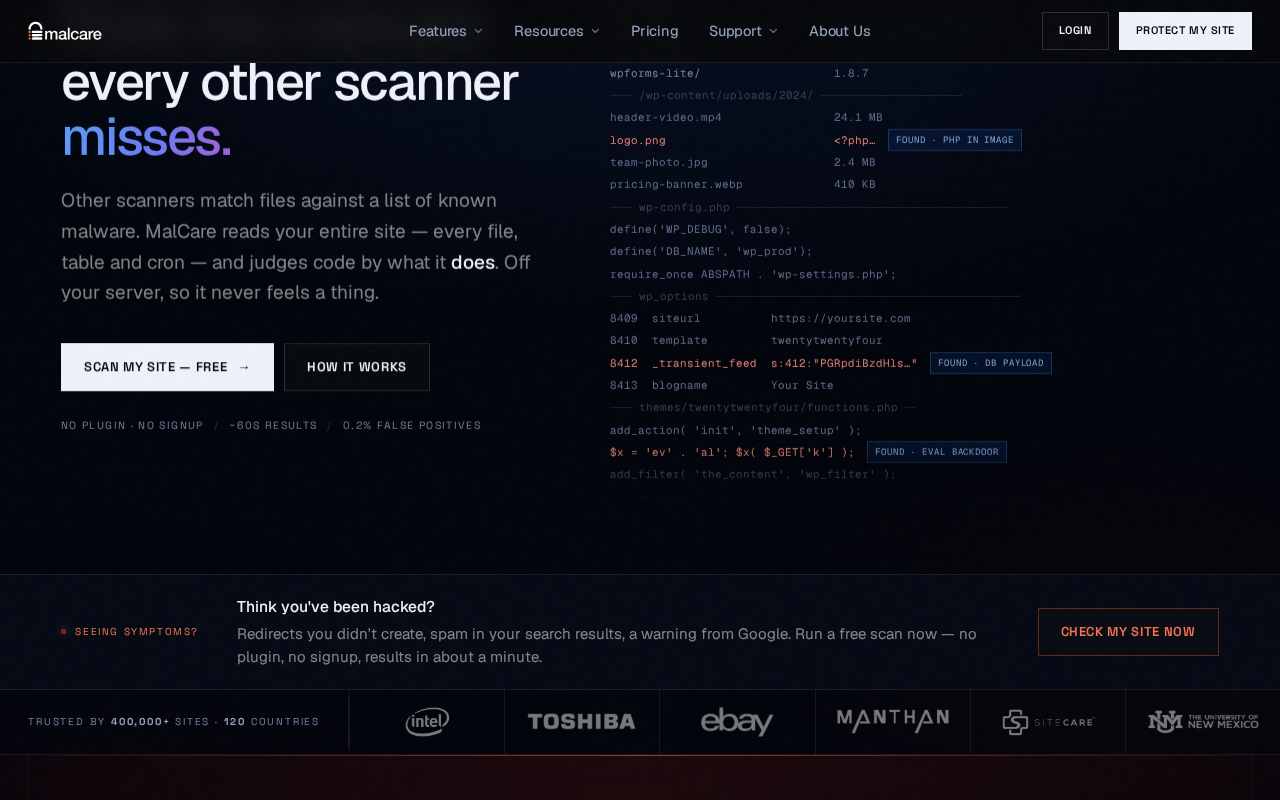 MalCare Security malware scan results showing detected threats including PHP in image files and database payloads