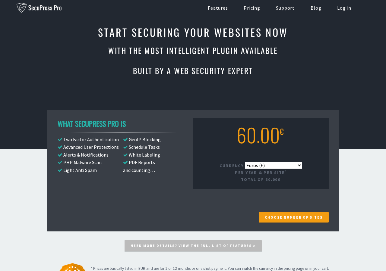 SecuPress pricing page showing annual license tiers by site count with Webmaster and Agency account types