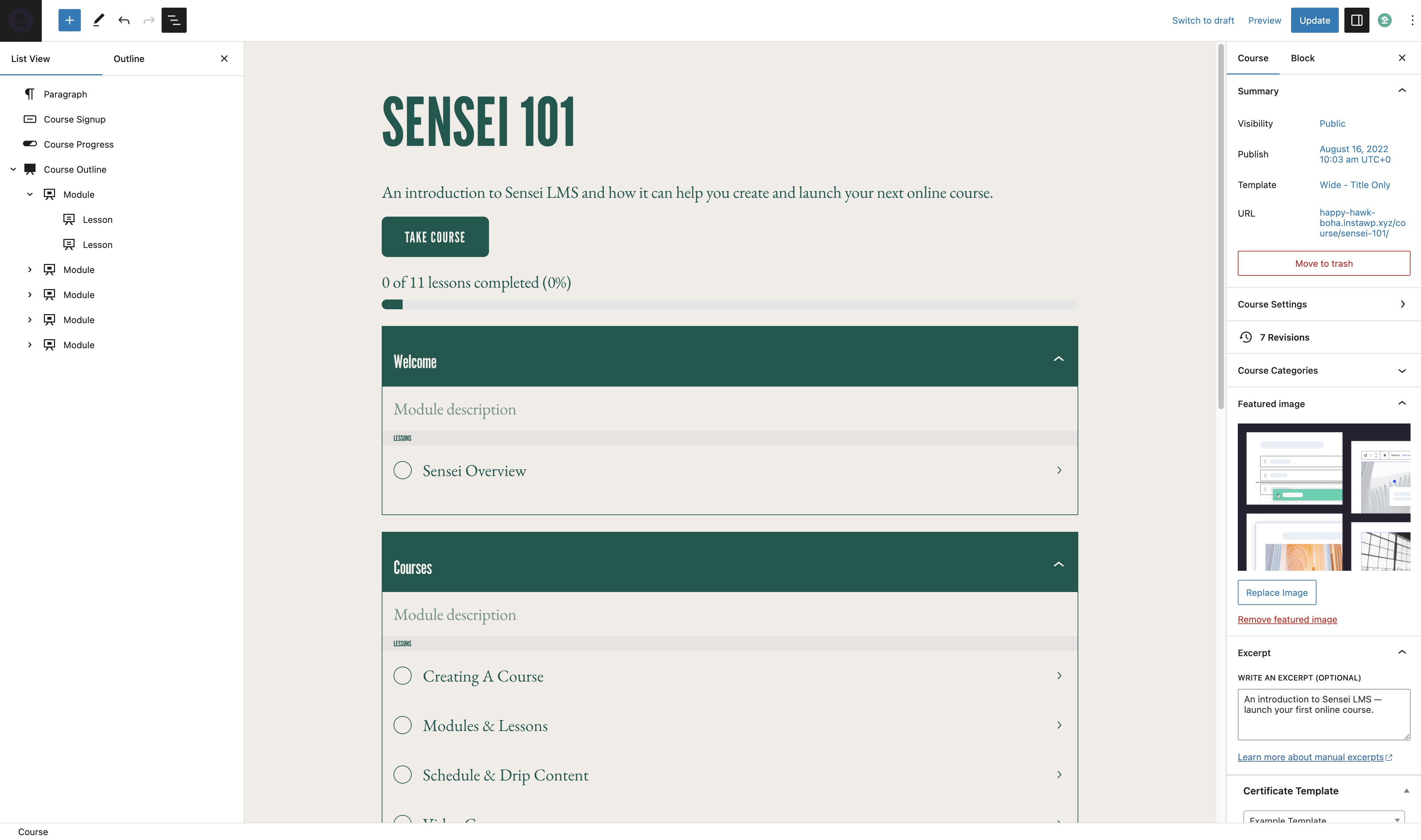 Sensei LMS course builder showing Course Outline block in WordPress block editor