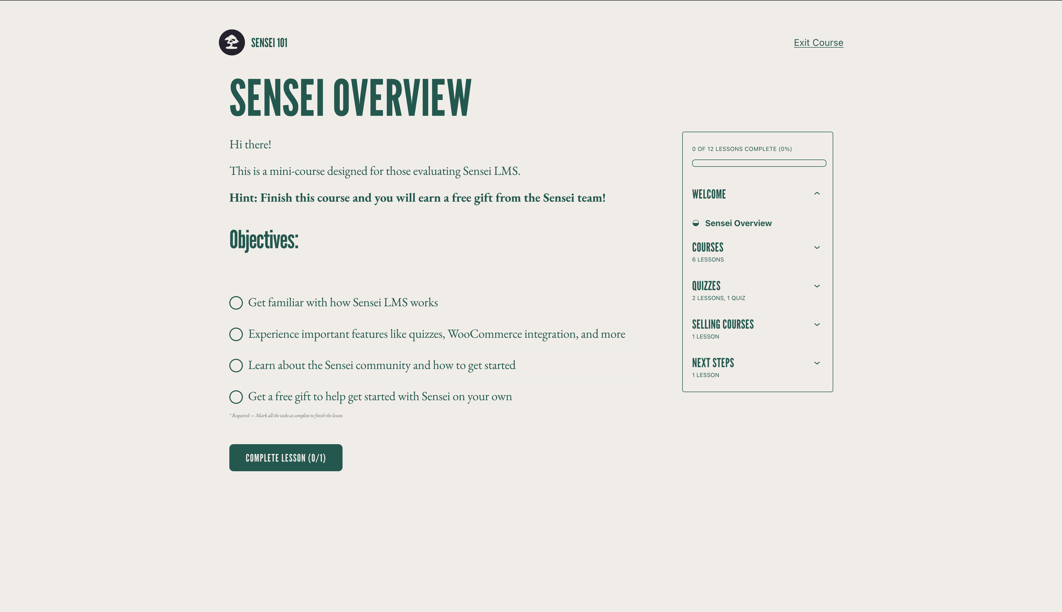 Sensei LMS Learning Mode distraction-free student lesson view