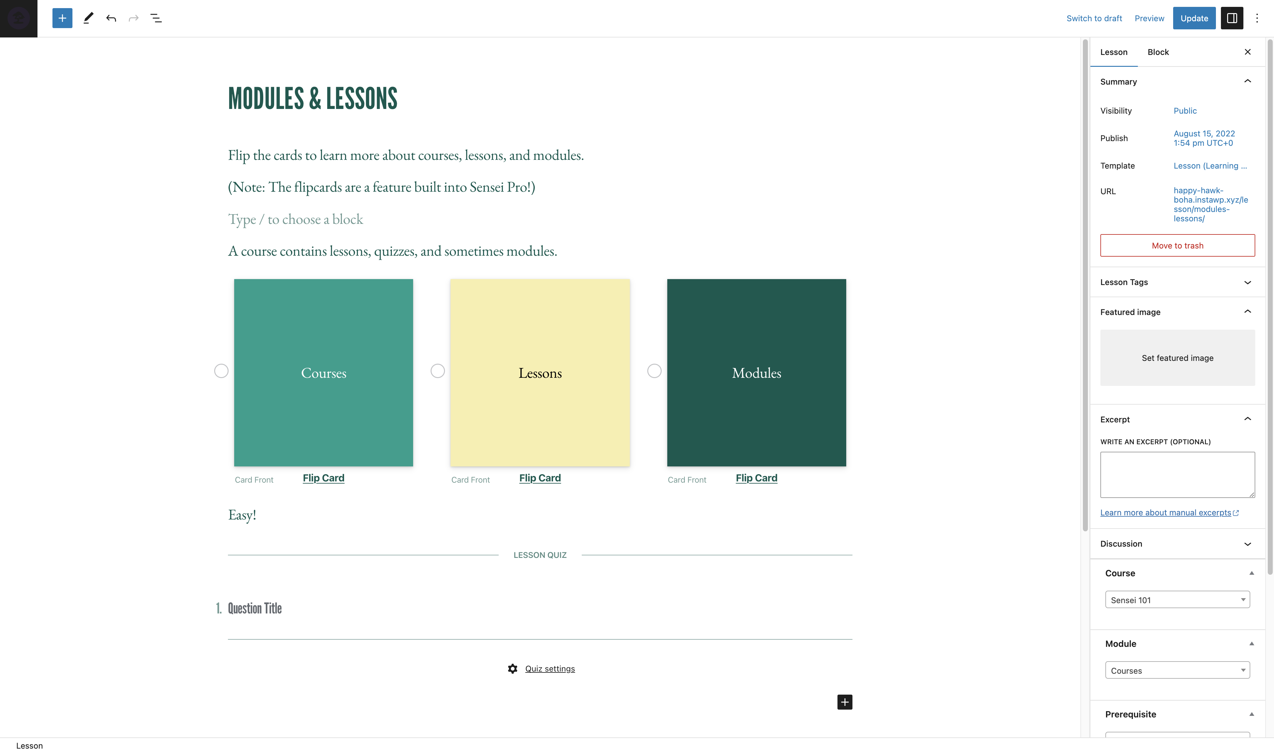 Sensei LMS lesson editor in WordPress block editor