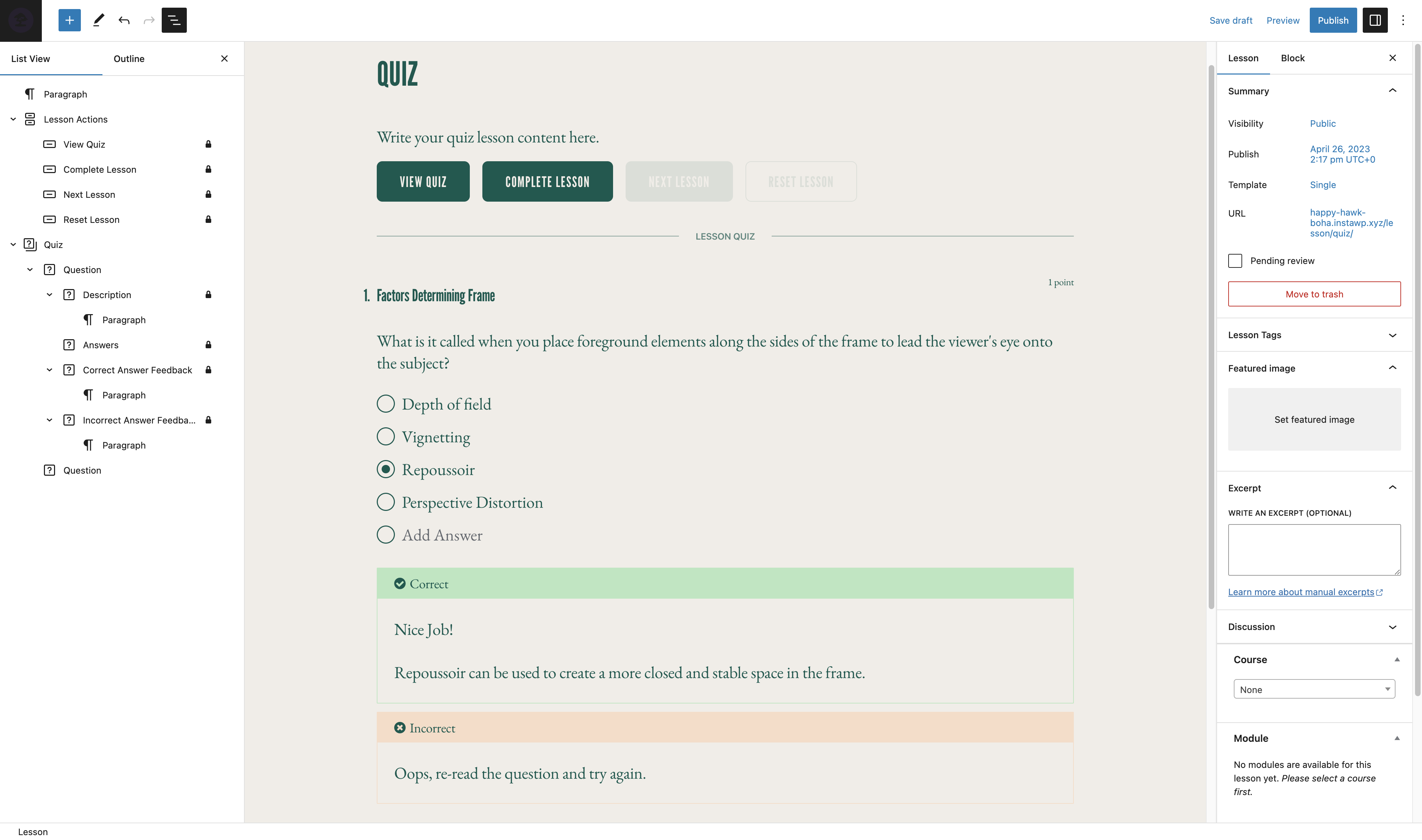 Sensei LMS quiz builder with multiple question type blocks