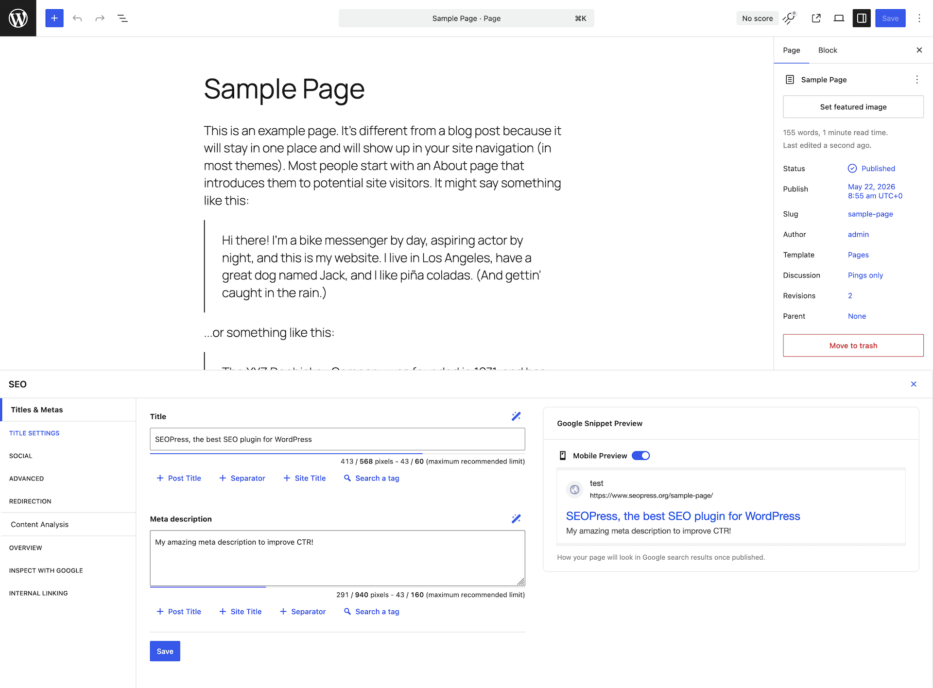 SEOPress Titles and Metas panel in the WordPress block editor. The bottom panel shows the Title field with pixel counter, dynamic tag buttons for Post Title, Separator, and Site Title below the field, and a Meta description field with character guidance. Mobile Preview is toggled on and the Google Snippet Preview renders the title and URL as they appear in mobile search results.