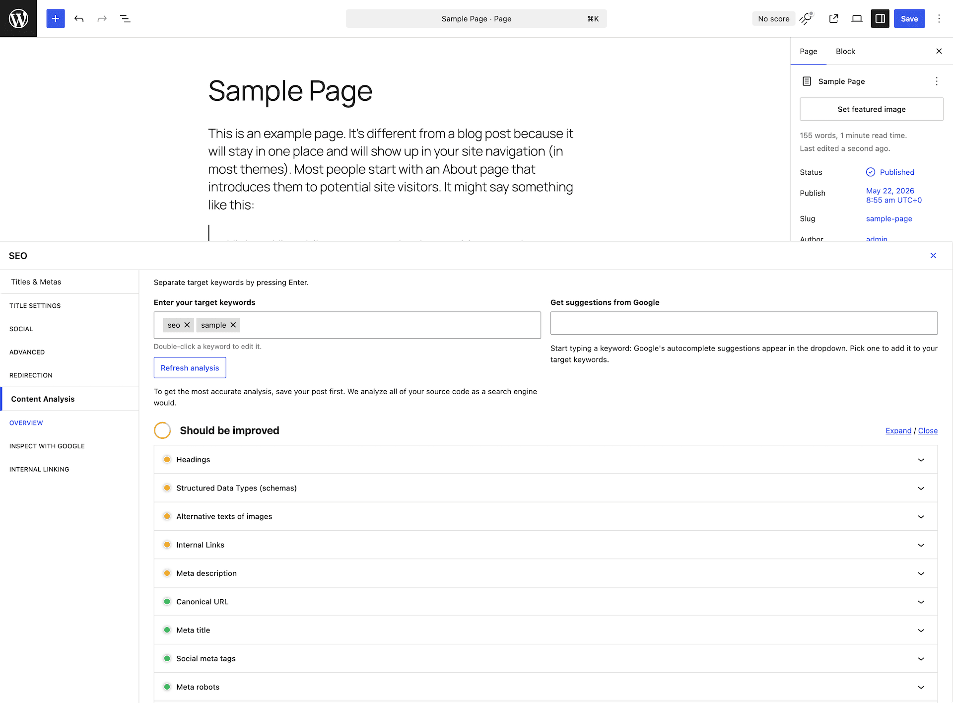 SEOPress Content Analysis panel in the post editor. The target keywords input shows seo and sample entered as tag chips with a Refresh analysis button below. The Should be improved section displays orange warning circles for Headings, Structured Data Types, Alternative texts of images, Internal Links, and Meta description. Green passing circles appear for Canonical URL, Meta title, Social meta tags, and Meta robots.