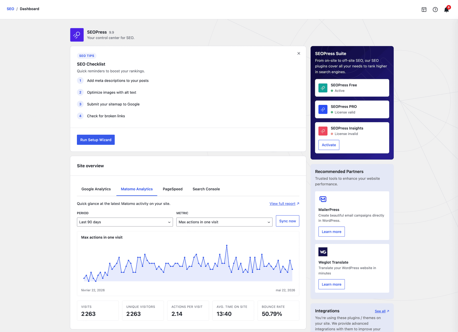 SEOPress Dashboard showing the plugin control center. The Site overview section shows tabs for Google Analytics, Matomo Analytics, PageSpeed, and Search Console, with the Matomo Analytics tab active and a sessions chart covering the last 90 days. Metrics below the chart show Visits, Unique Visitors, Actions Per Visit, Average Time on Site, and Bounce Rate.