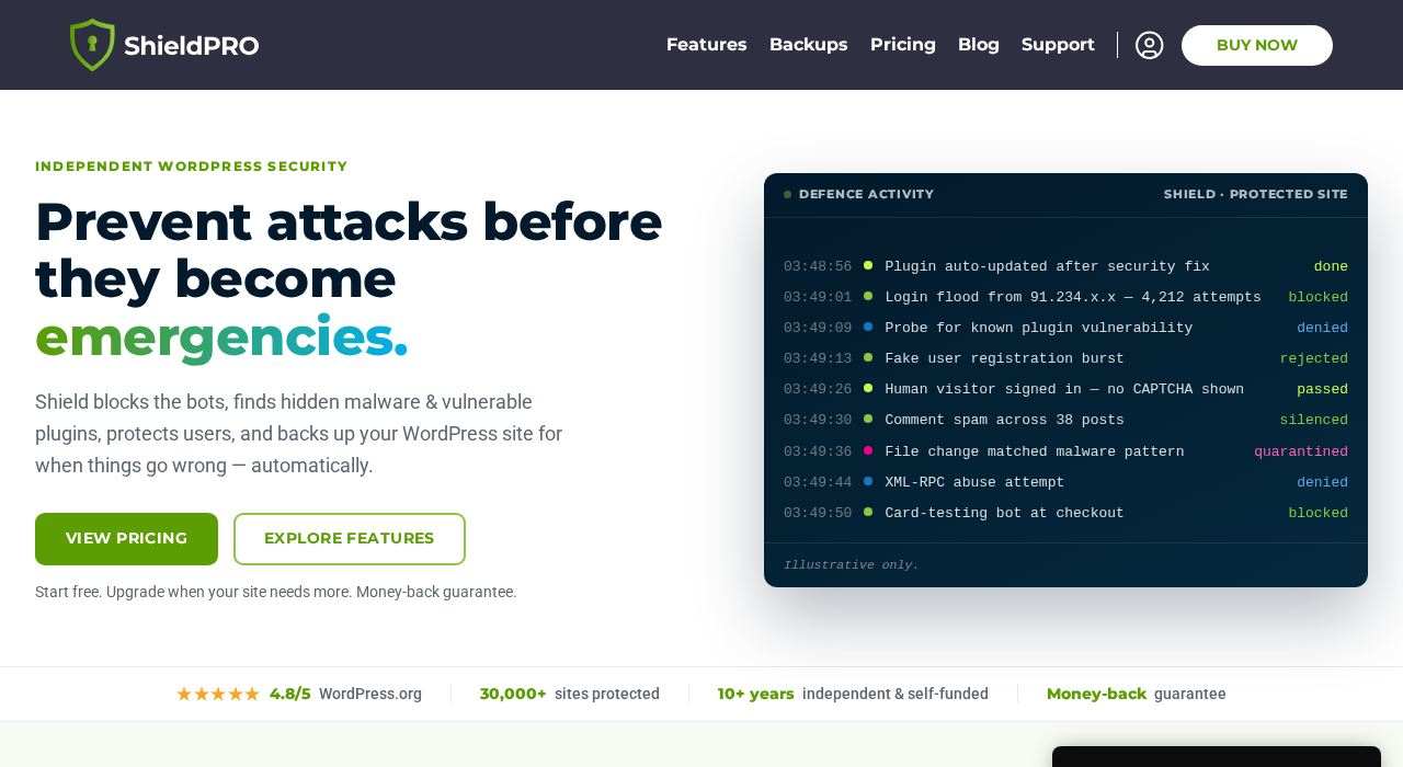 Shield Security homepage on getshieldsecurity.com showing the headline 'Prevent attacks before they become emergencies', the subhead about blocking bots and finding hidden malware automatically, with two CTAs (View Pricing and Explore Features) and a live defense activity log panel. Social proof stats: 4.8/5 on WordPress.org, 30,000+ sites protected, 10+ years independent and self-funded.