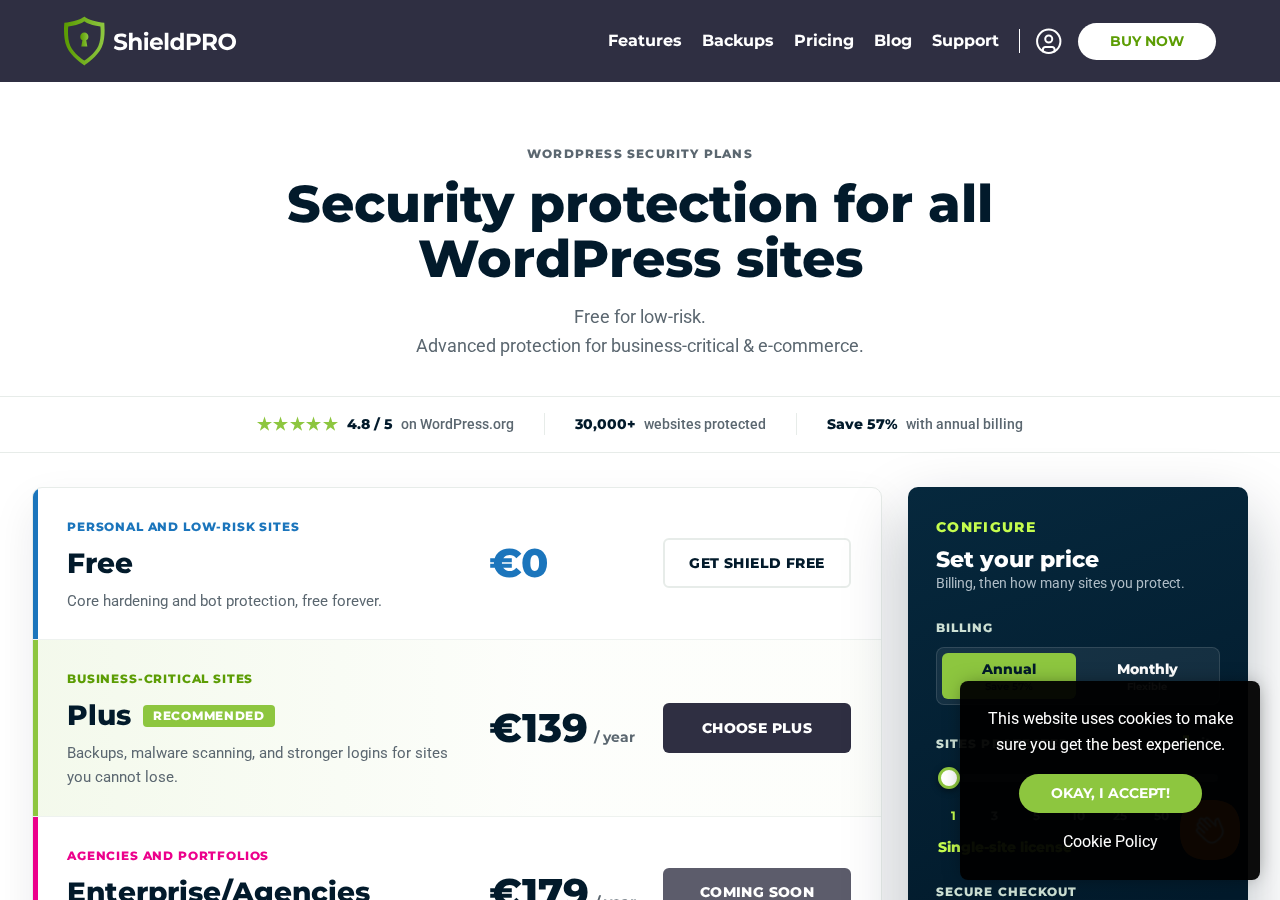 Shield Security pricing page showing three plans: Free (EUR 0, core hardening and bot protection, free forever), Plus (EUR 139/year, recommended, backups plus malware scanning and stronger logins for sites you cannot lose), and Enterprise/Agencies (EUR 179/year, coming soon). The page includes a site count configurator for annual or monthly billing, plus stats: 4.8/5, 30,000+ protected sites, save 57% with annual billing.