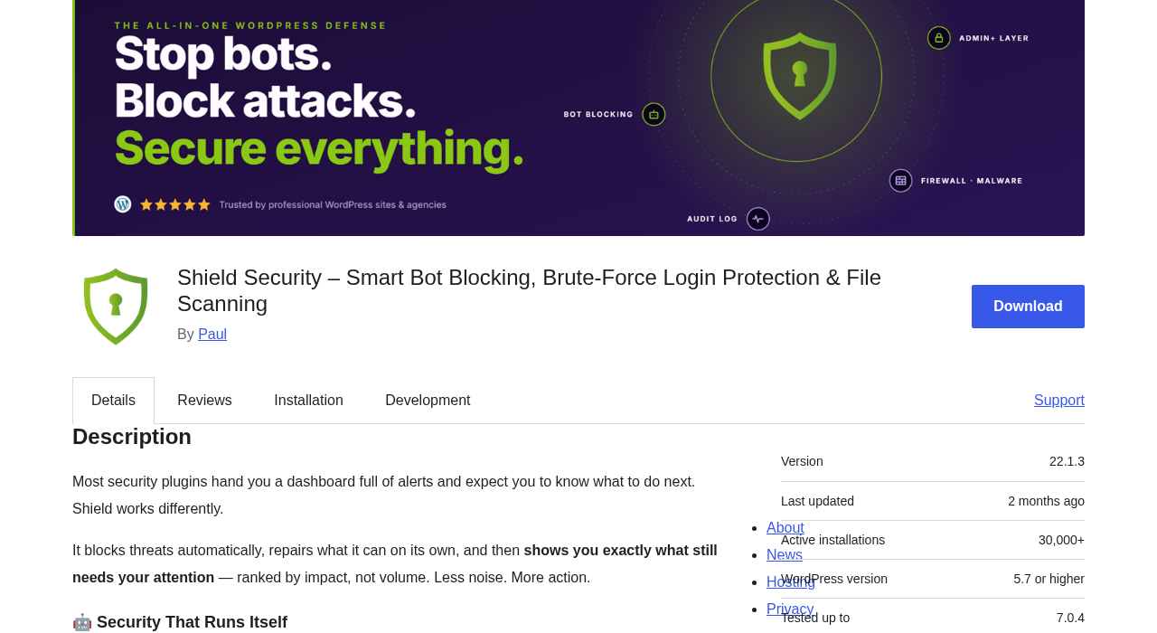 WordPress.org plugin listing for Shield Security showing the plugin name 'Shield Security – Smart Bot Blocking, Brute-Force Login Protection and File Scanning', version 22.1.3, 30,000+ active installations, WordPress 5.7 or higher requirement, tested up to 7.0.4, and the Shield Security banner with the tagline 'Stop bots. Block attacks. Secure everything.'